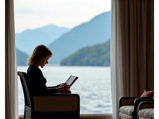 Frau liest entspannt in einem Sessel mit Seeblick