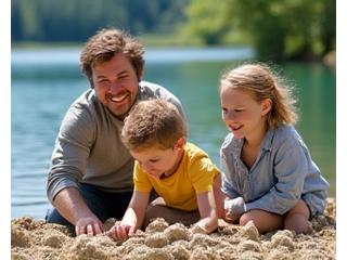 Lachende Familie spielt in einem grünen Park