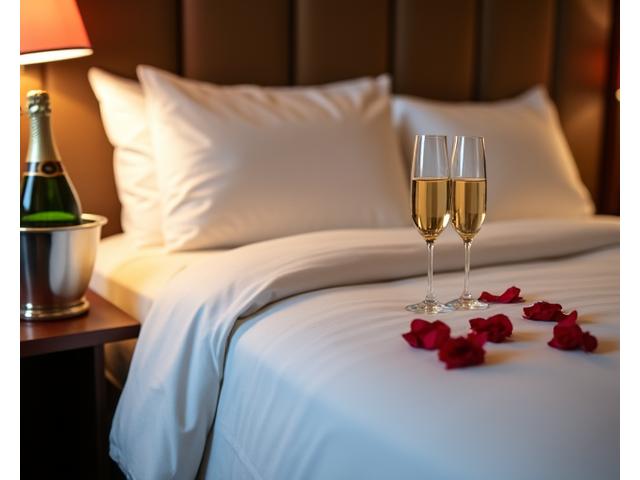 Romantisch dekoriertes Bett mit Rosenblüten und Champagnergläsern